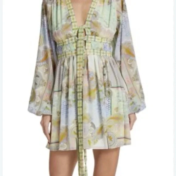 NWT Alexis Tessie Mini Dress In Rococco Pastel Paisley Chiffon Tie Front S - Picture 2 of 11
